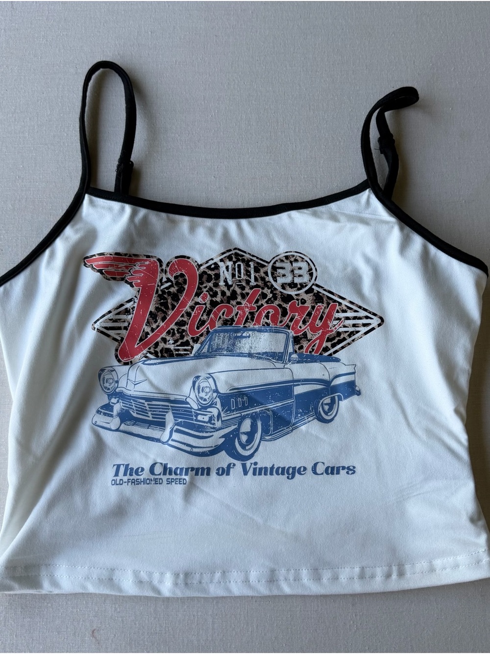SHEIN White Cami Tank Top with Red & Blue Vintage Car Graphic